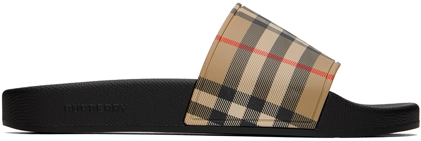 Beige Check Pool Slides