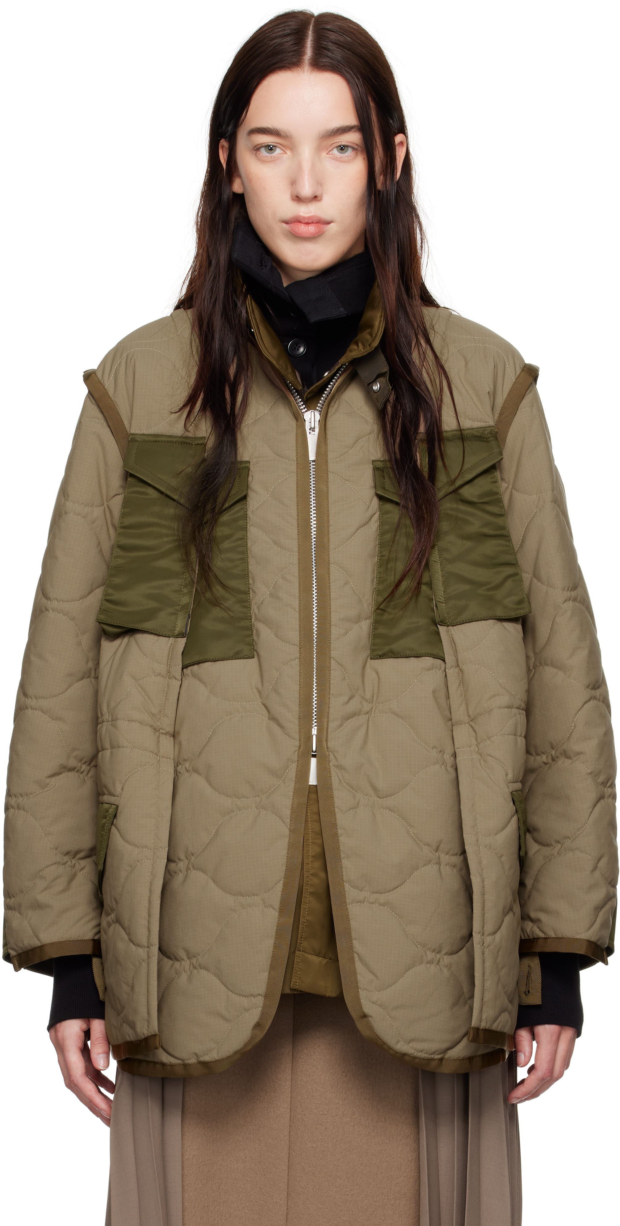 Sacai Khaki Rip Stop Quilted Coat In 637 Beige Olive