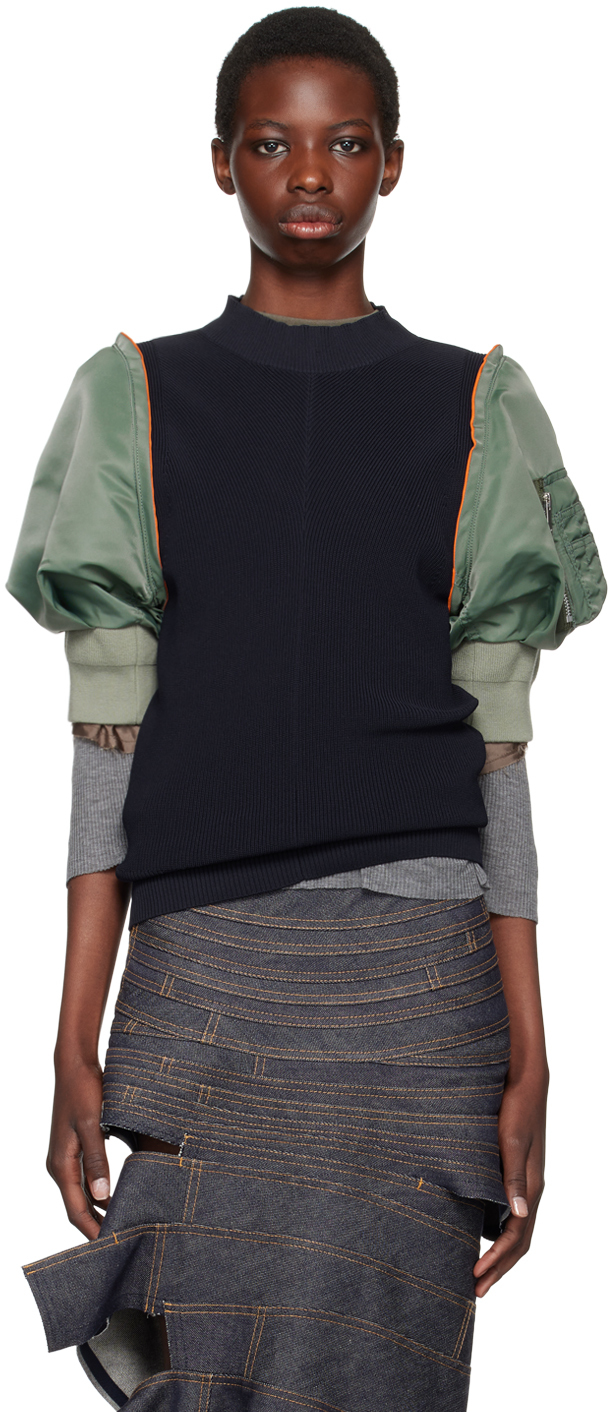 Sacai Navy & Khaki Paneled Sweater In 263 Navy*b/khaki