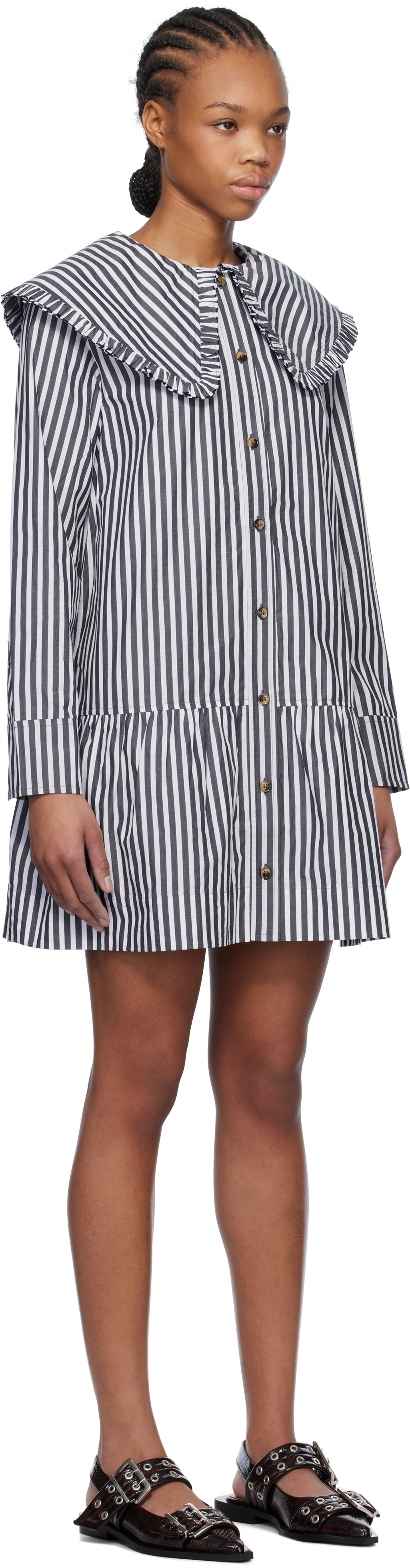 Shop Ganni Black & White Stripe Shirt Minidress In 099 Black