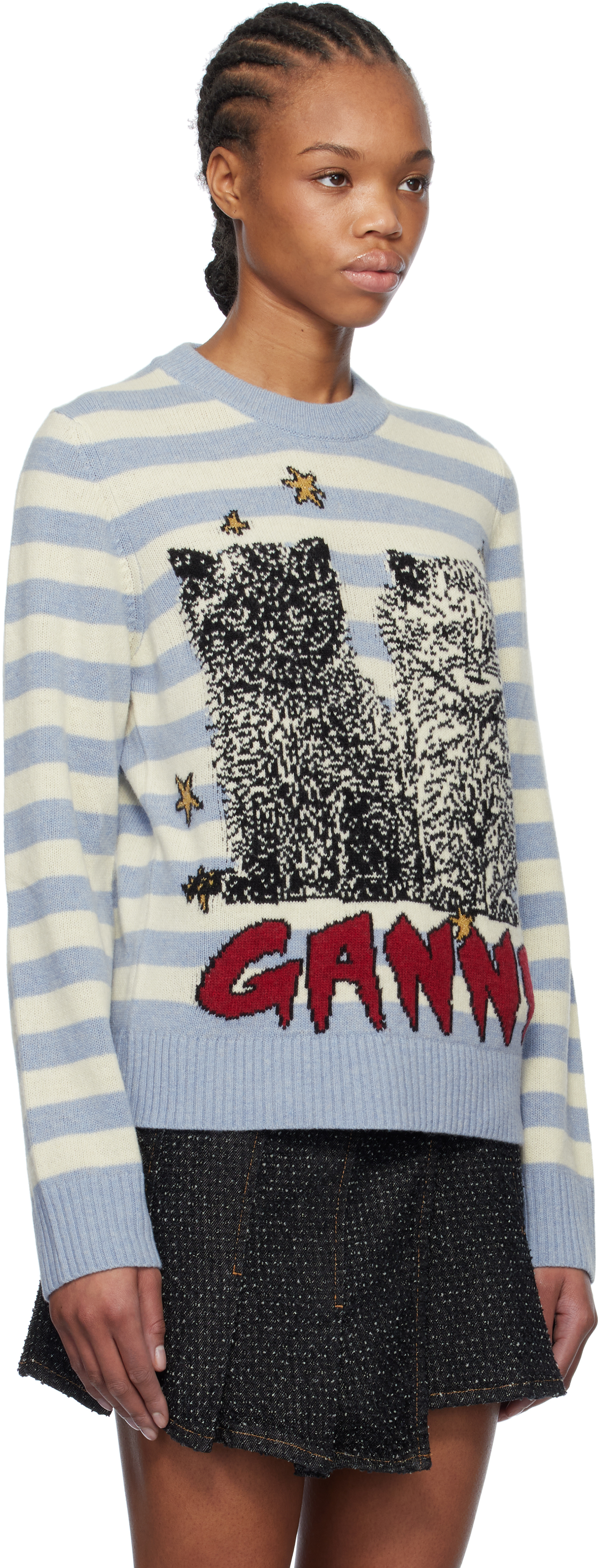 Shop Ganni Blue & White Striped Graphic Cat Sweater In 628 Illusion Blue