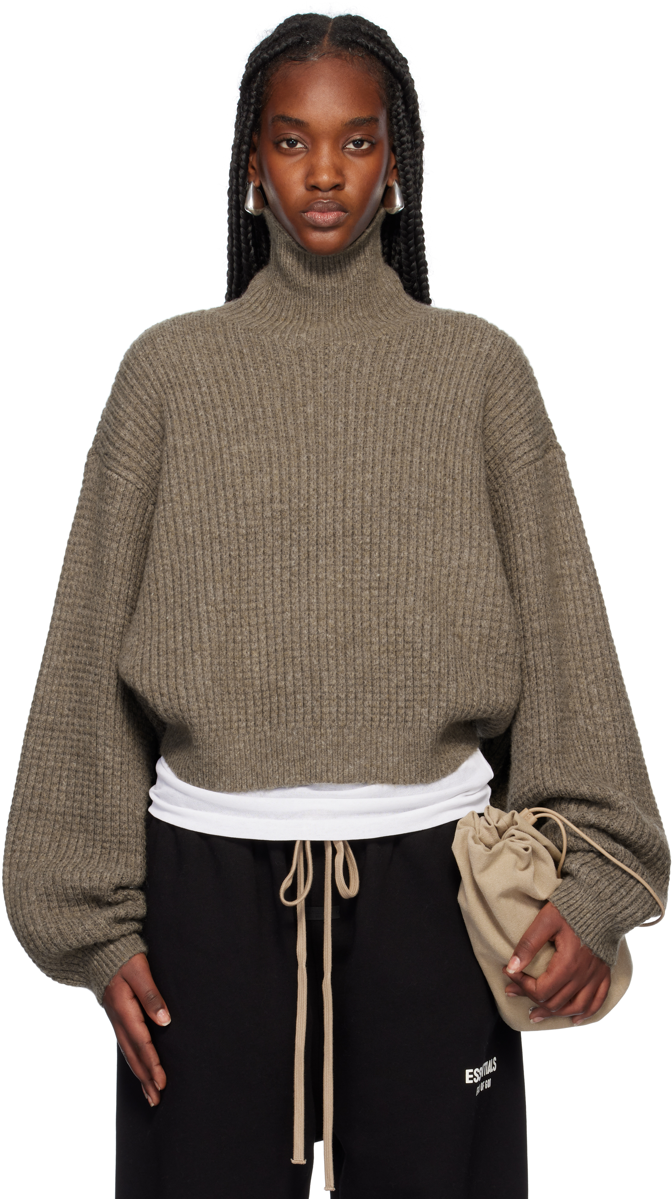 Essentials Gray Heavy Waffle Turtleneck In Heather Gray