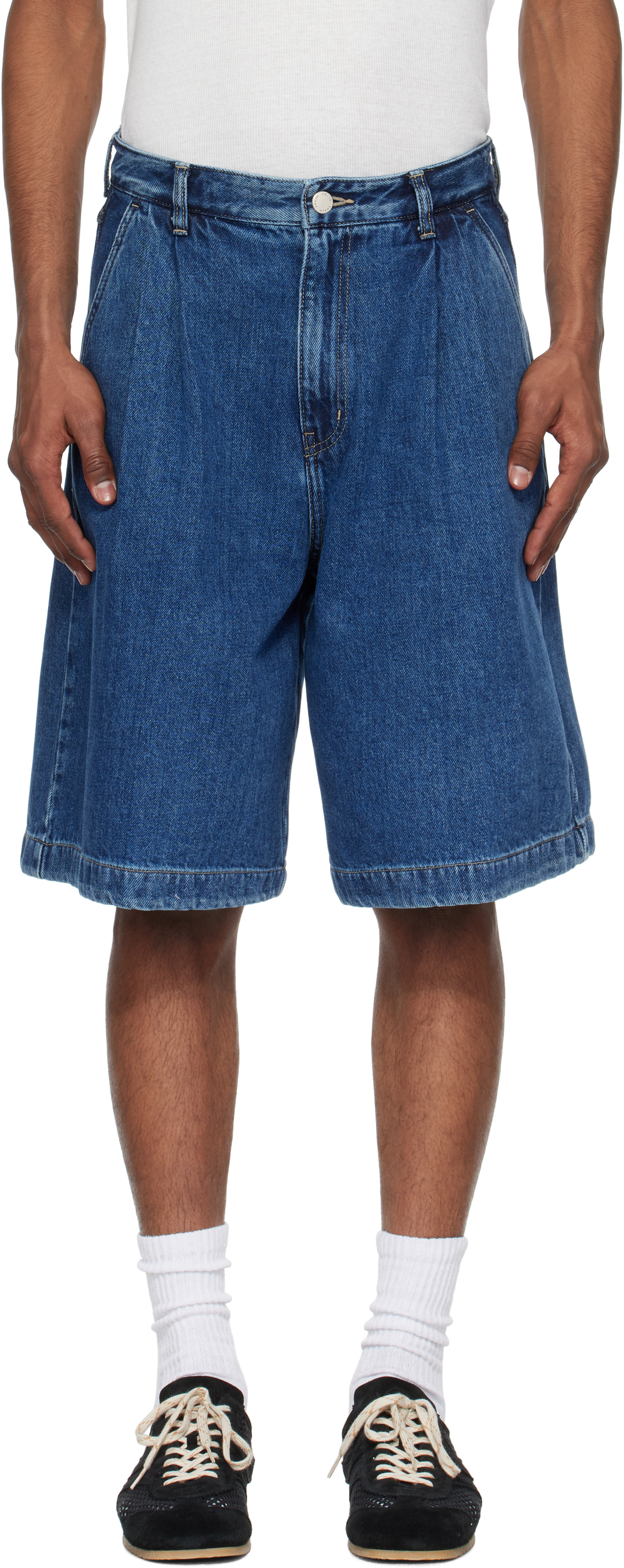 Blue Pleated Denim Shorts