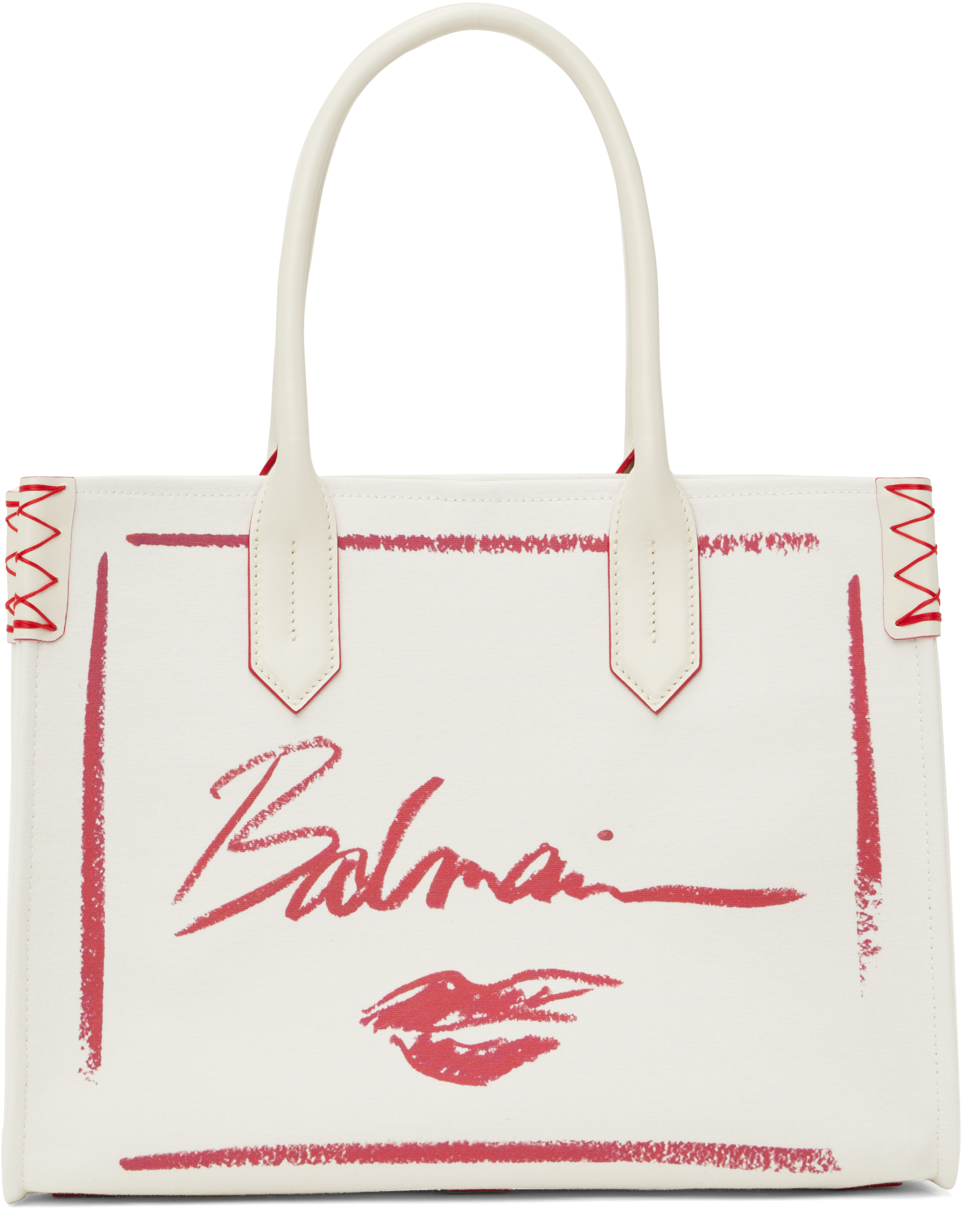 BALMAIN WHITE B-ARMY 'BALMAIN' LIPSTICK PRINT TOTE