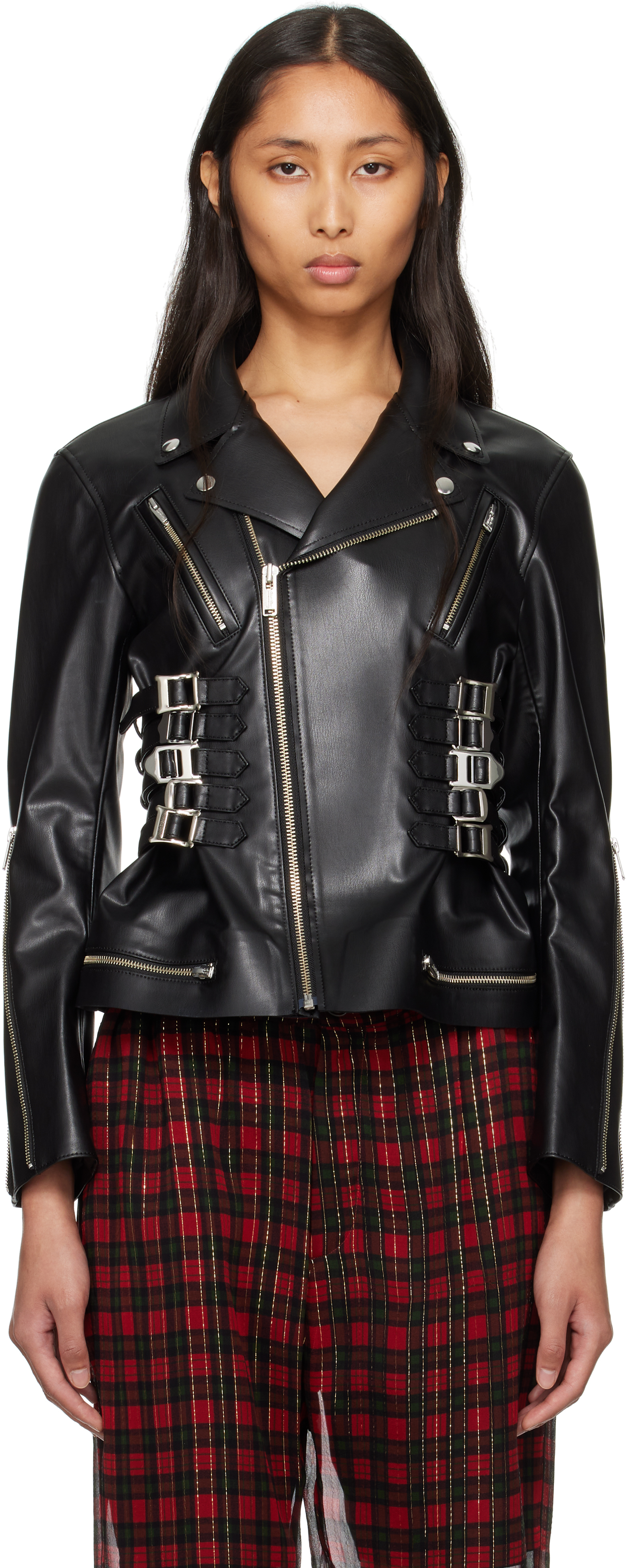 Black UC1E1207 Faux-Leather Biker Jacket