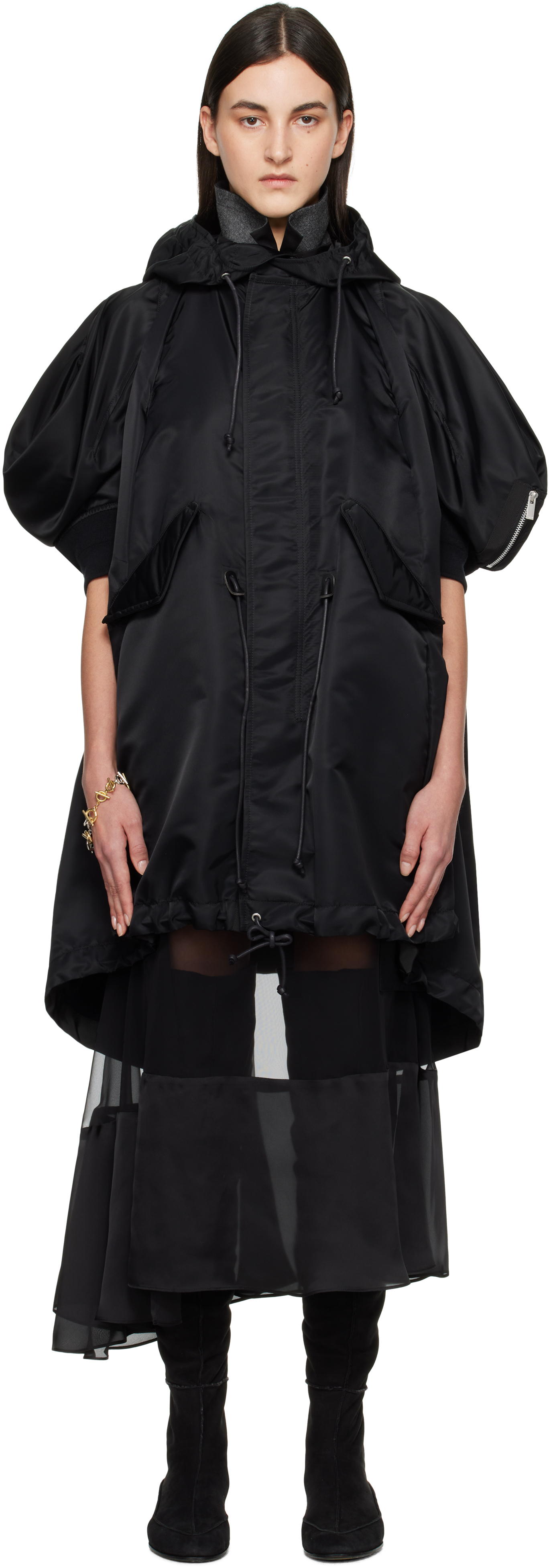 Sacai Black Nylon Twill Hooded Vest Coat In 001 Black
