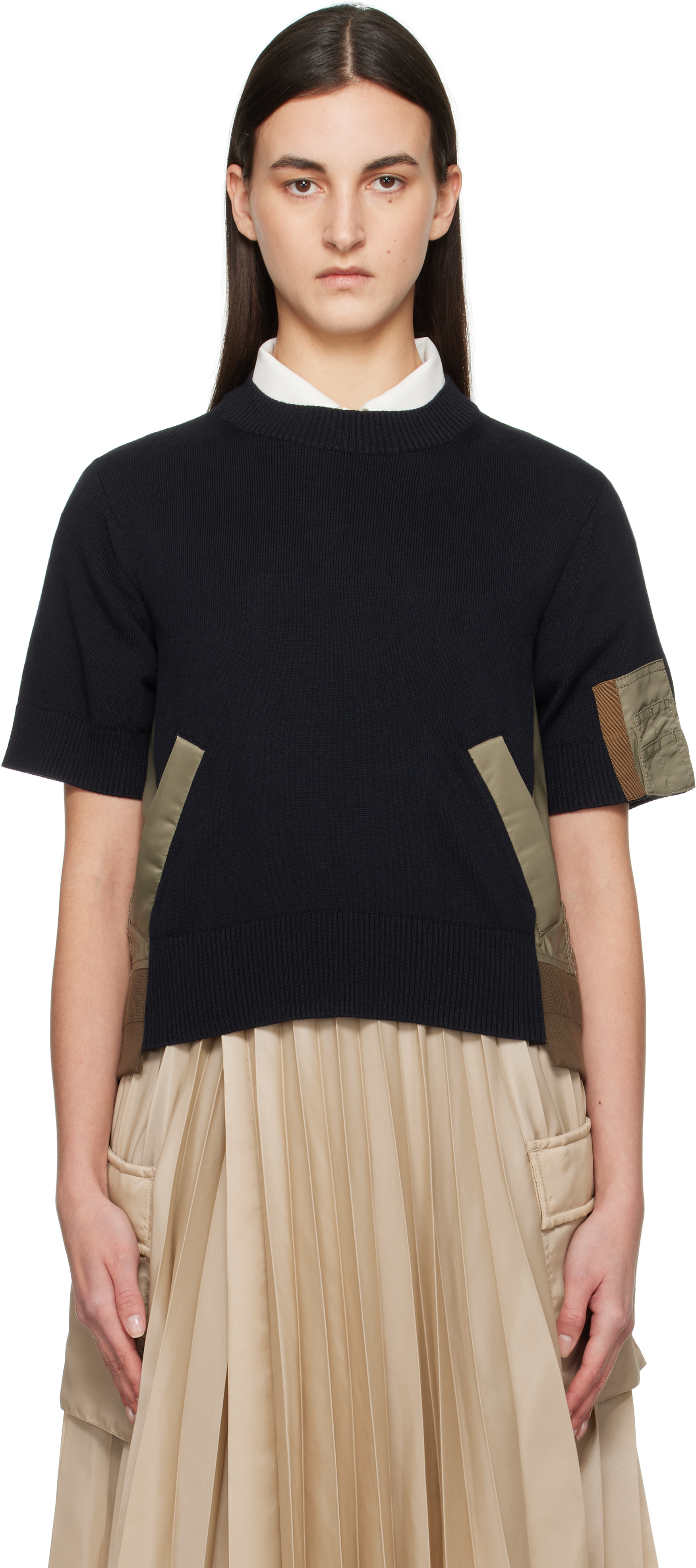 Sacai Navy & Khaki Nylon Twill X Knit Sweater In 234 Navy*taupe