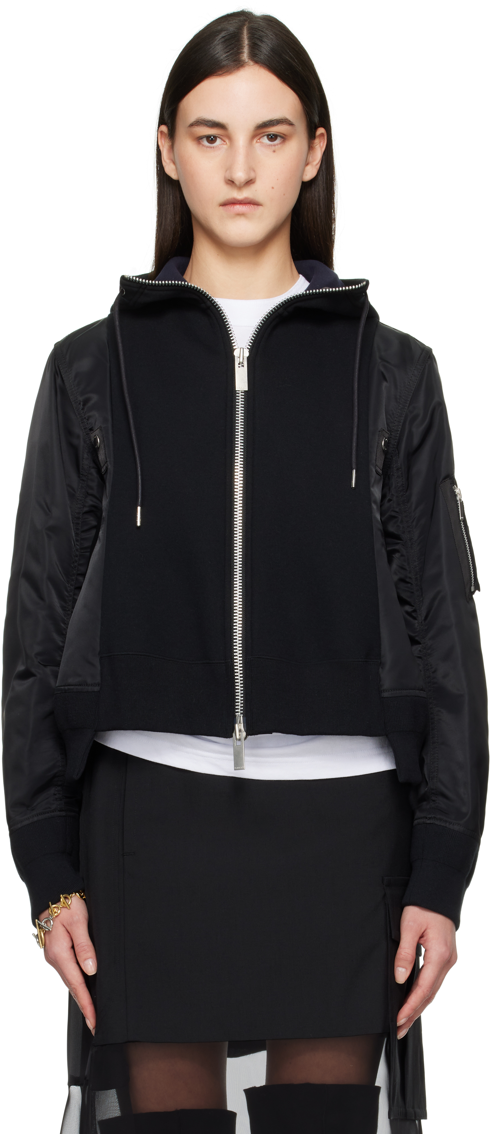 Sacai Black Sponge Sweat X Nylon Twill Hoodie In 001 Black