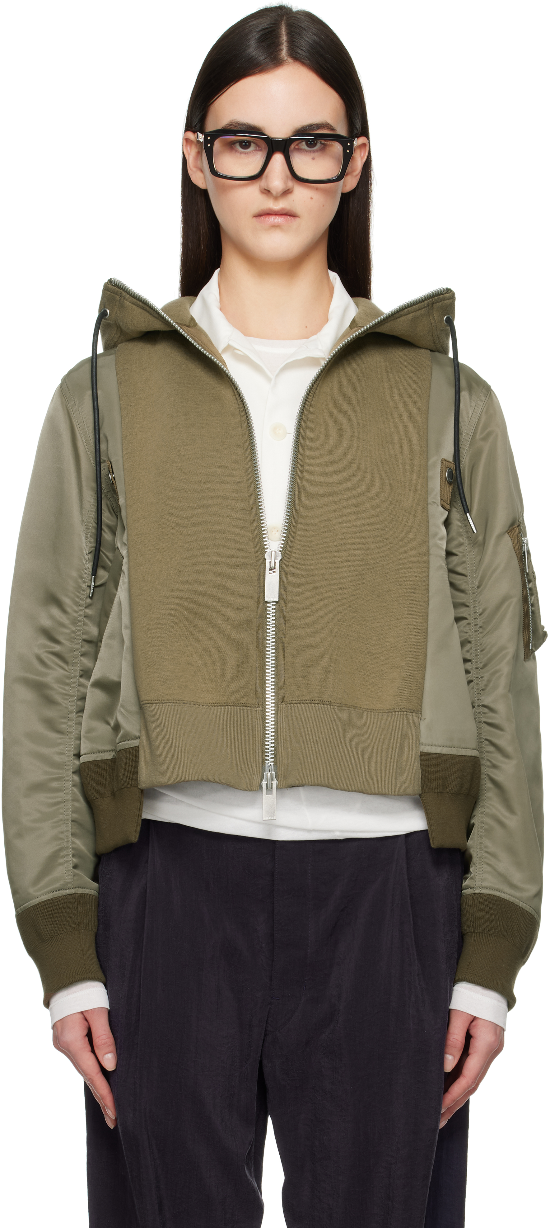 Sacai Khaki Sponge Sweat X Nylon Twill Hoodie In 550 Taupe