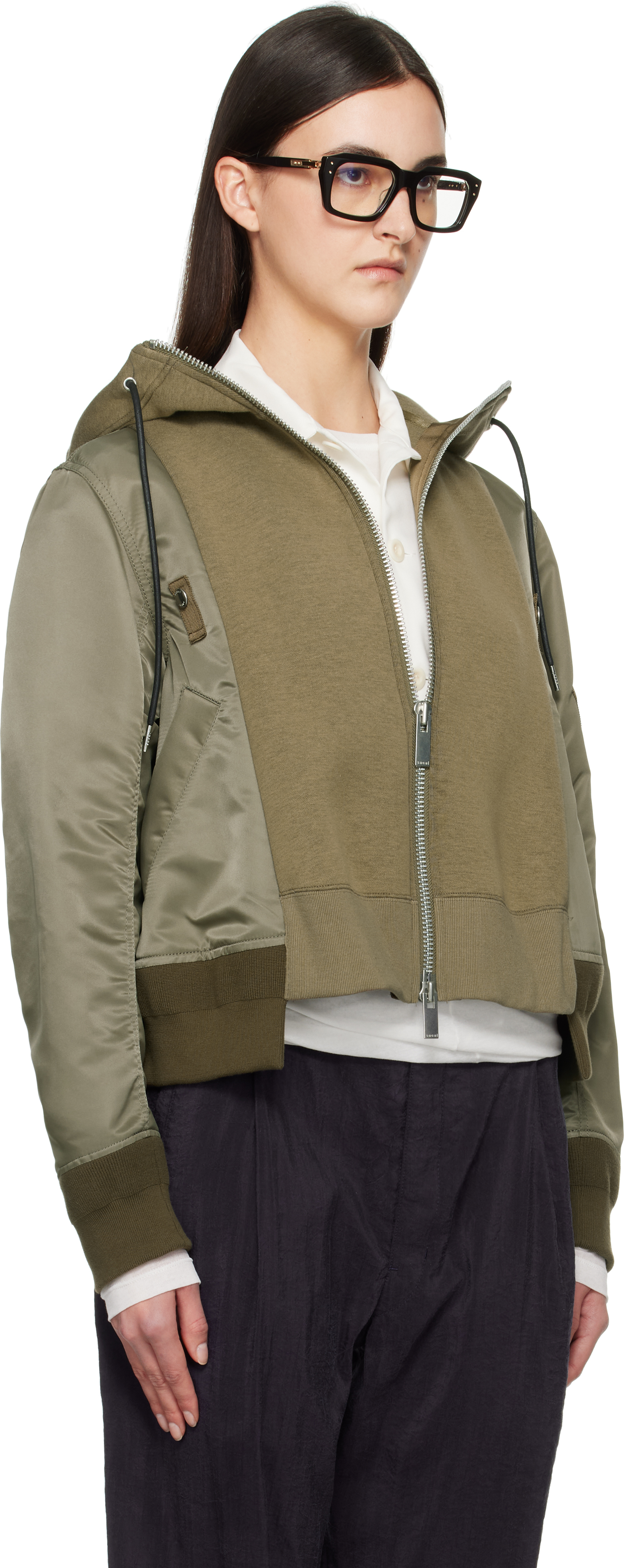 SACAI KHAKI SPONGE SWEAT X NYLON TWILL HOODIE