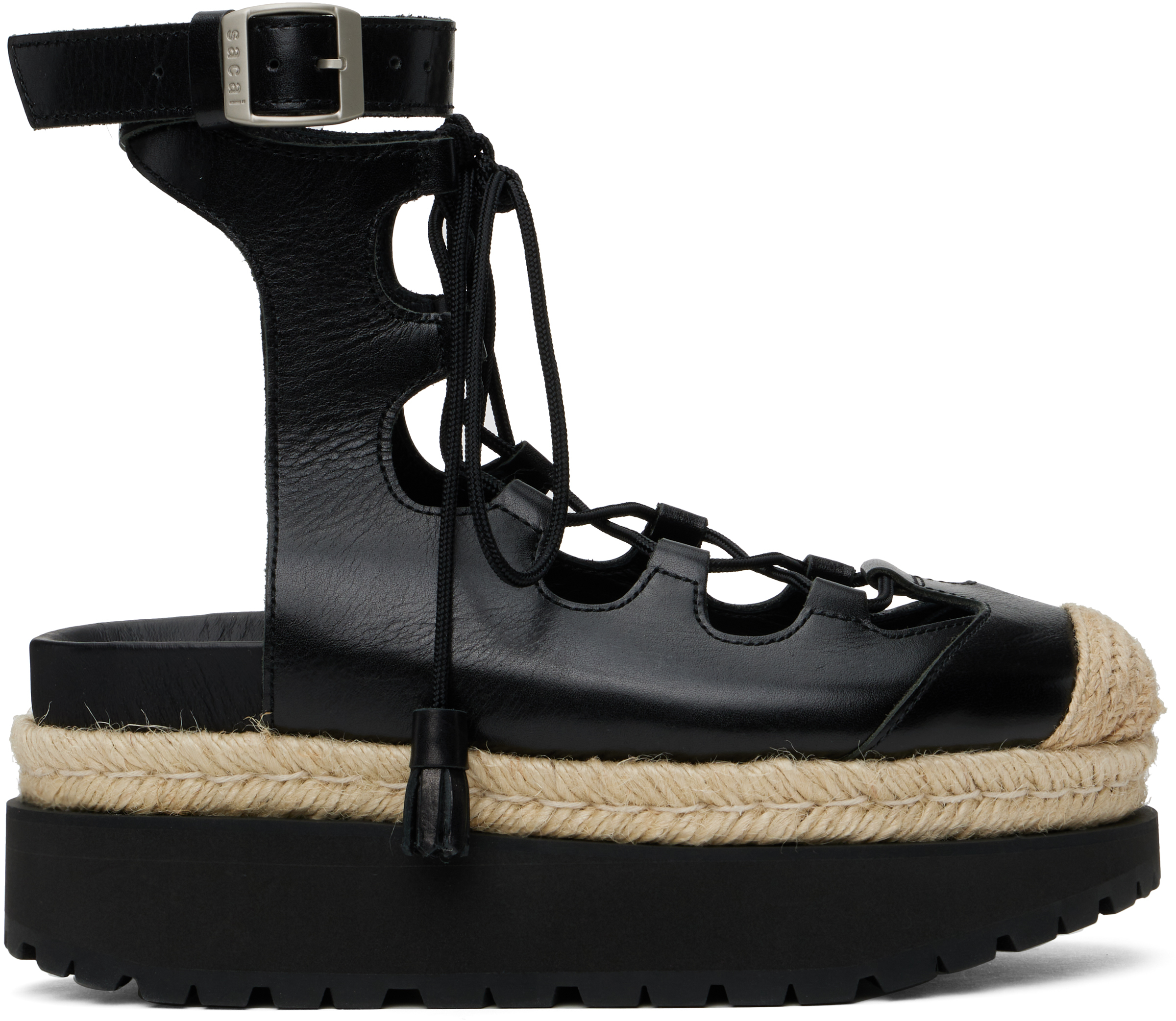 SACAI BLACK GHILLIE HEELED SANDALS