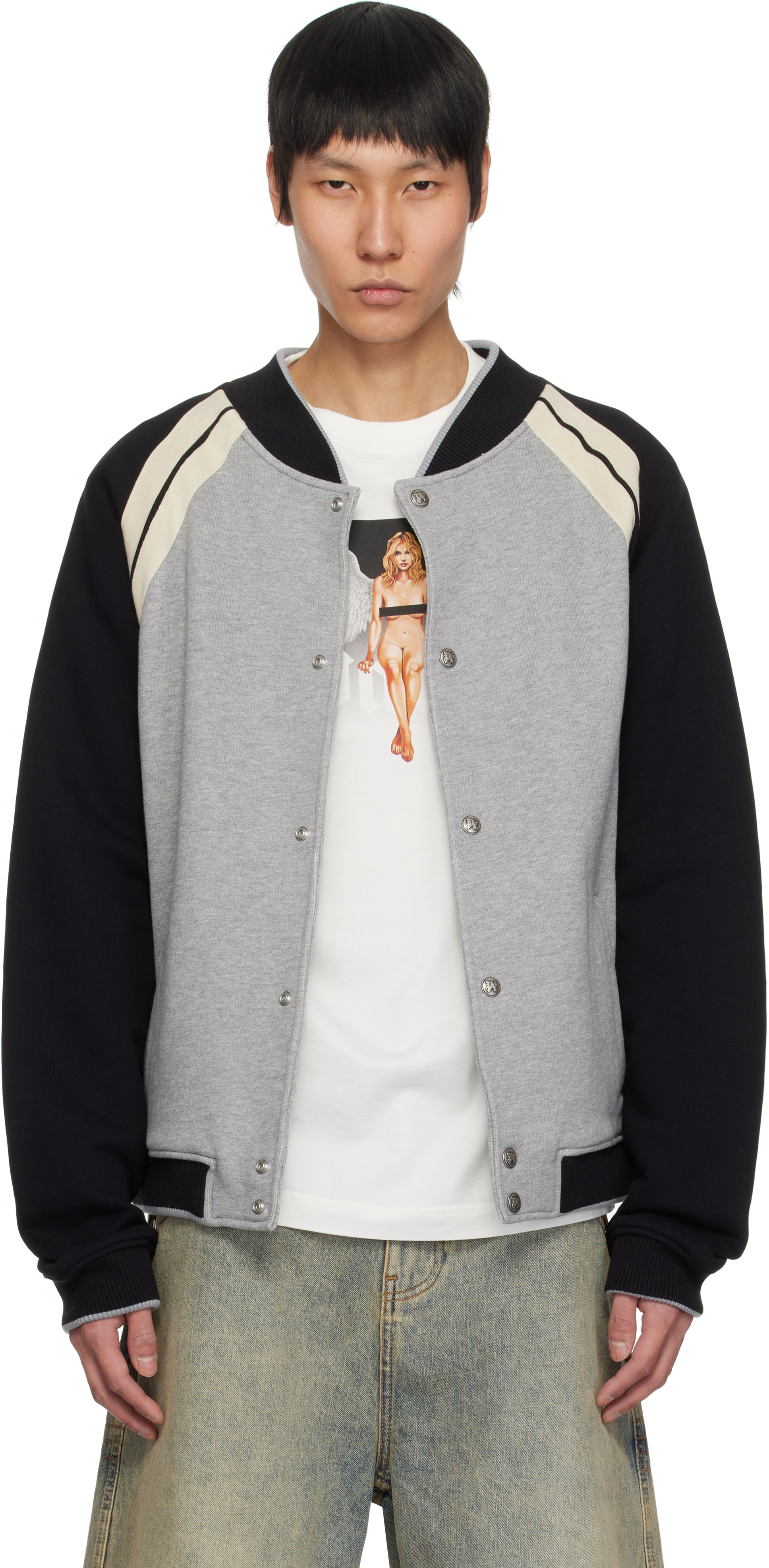 Shop Palm Angels Gray Curved Logo Varsity Bomber Jacket In Grey Melange -