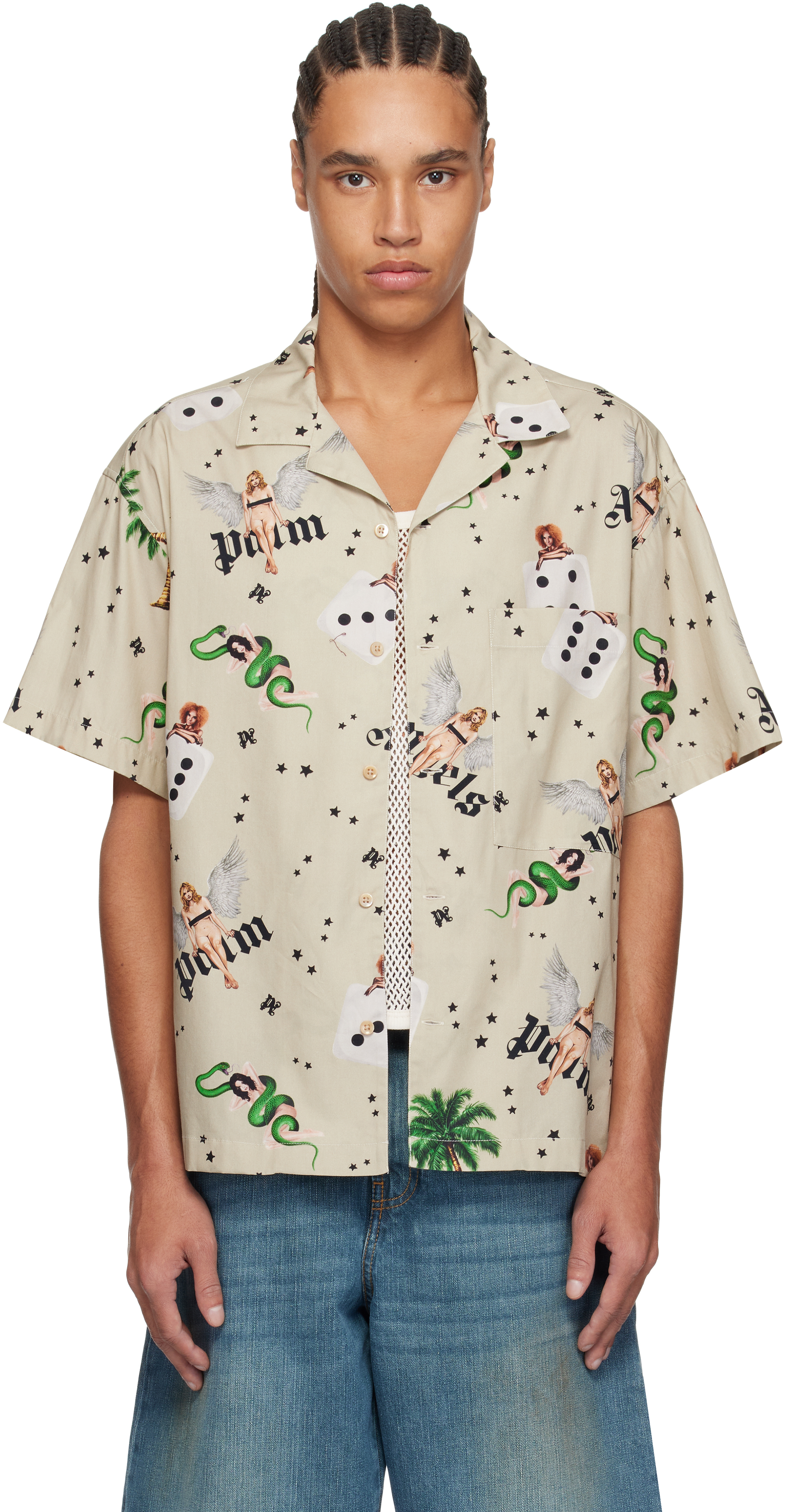 Shop Palm Angels Taupe Pin Up Bowling Shirt In Ivory - Multicol