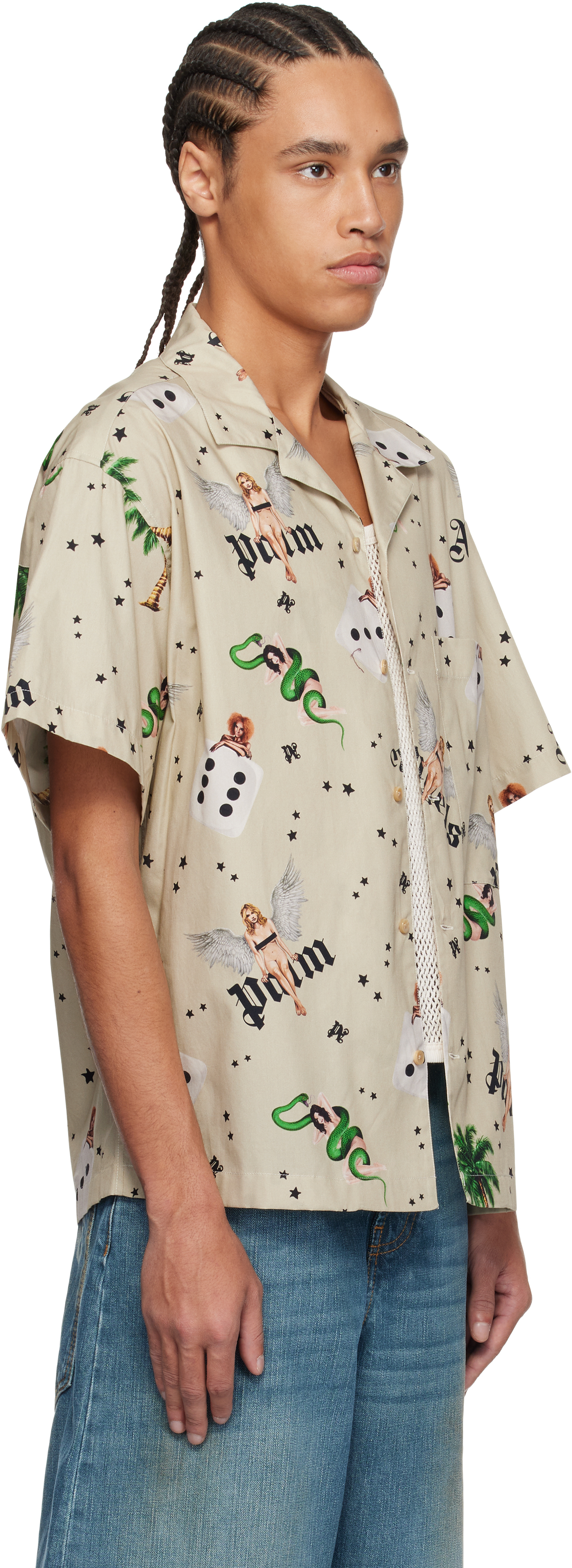 Shop Palm Angels Taupe Pin Up Bowling Shirt In Ivory - Multicol
