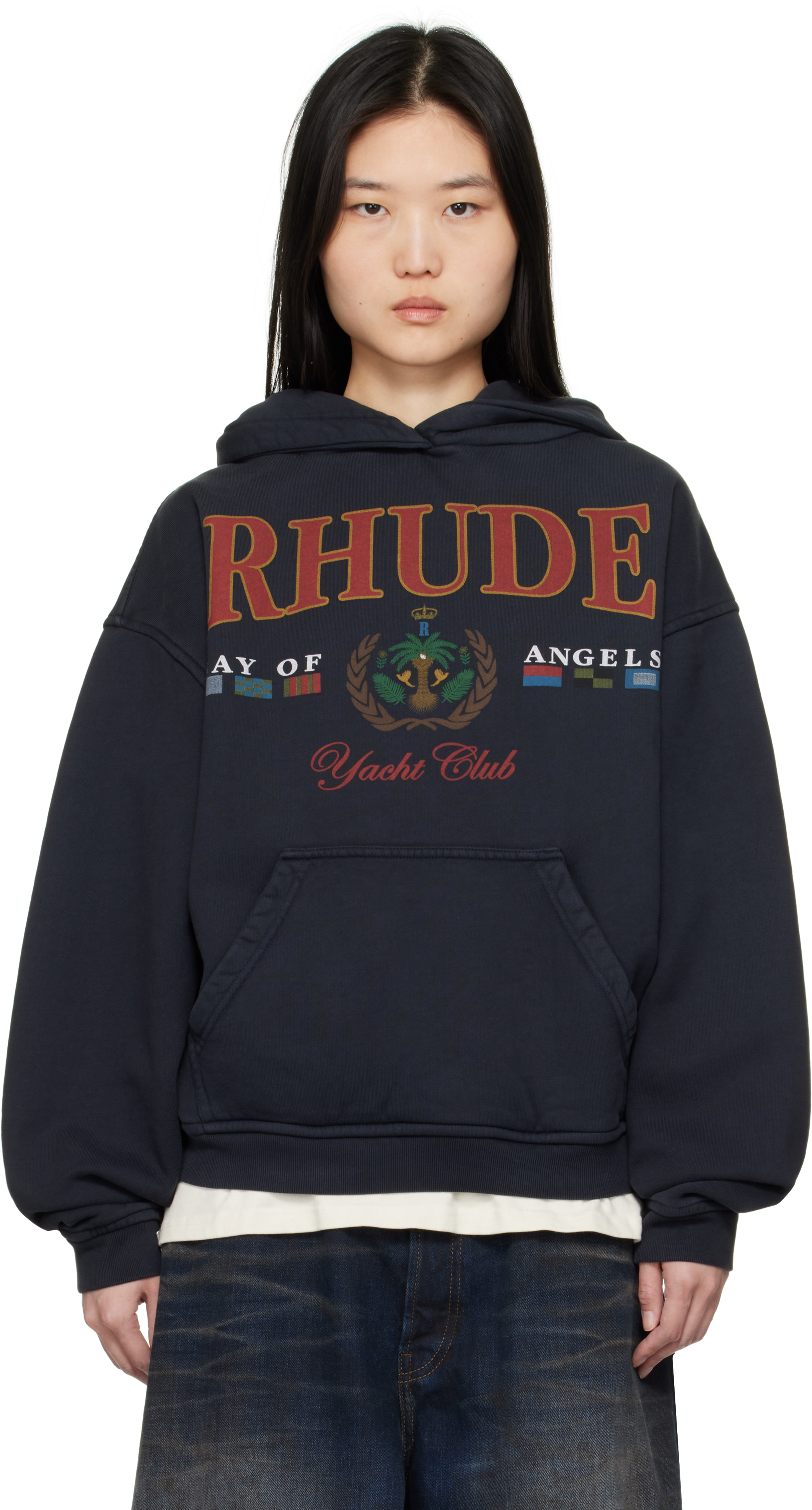 Rhude Navy 'bay Of Angels Yacht Club' Hoodie In 2306 Vtg Black