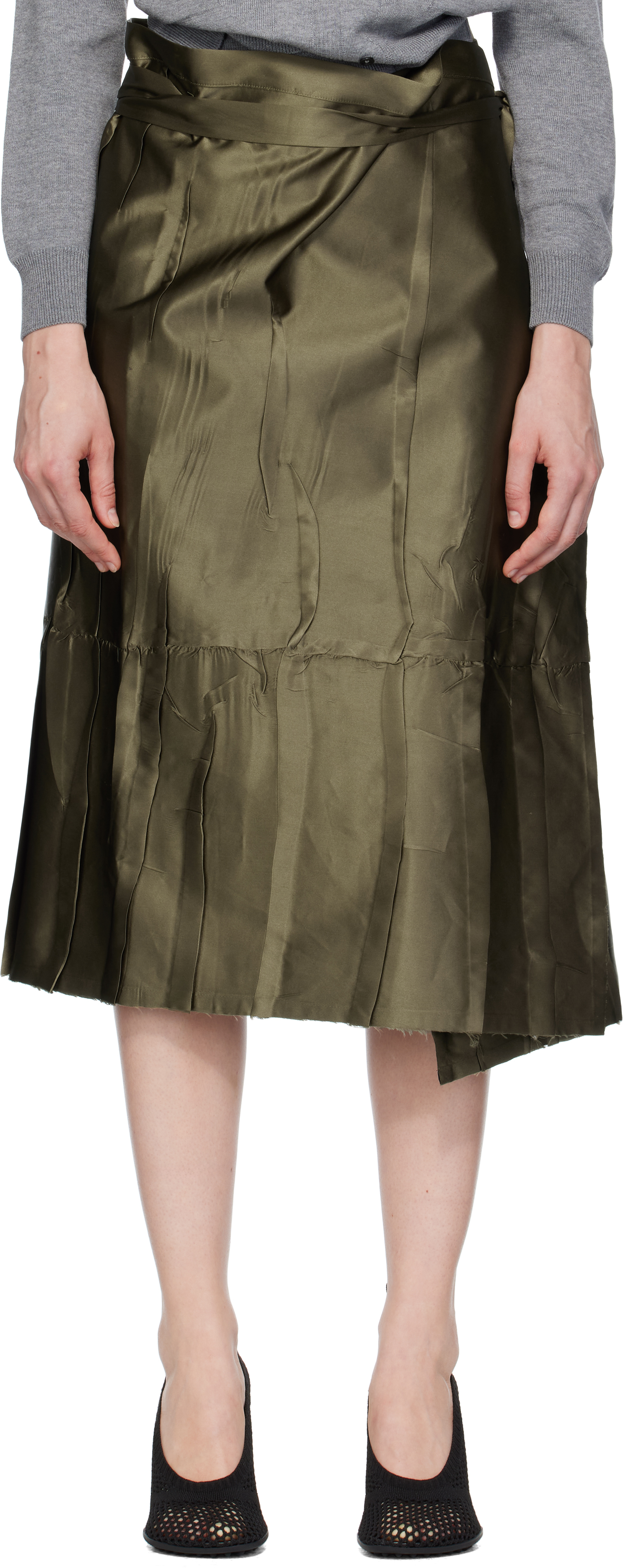 Khaki Apron Flat Midi Skirt